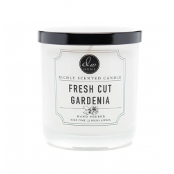 Średnia świeca zapachowa Fresh Cut Gardenia marki DW HOME z Kalifornii, w białym słoju z nadrukiem
