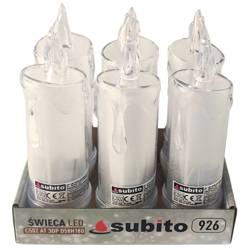 Świeca brokatowa LED SUBITO C502 H180 biała zimna (926) 6 sztuk