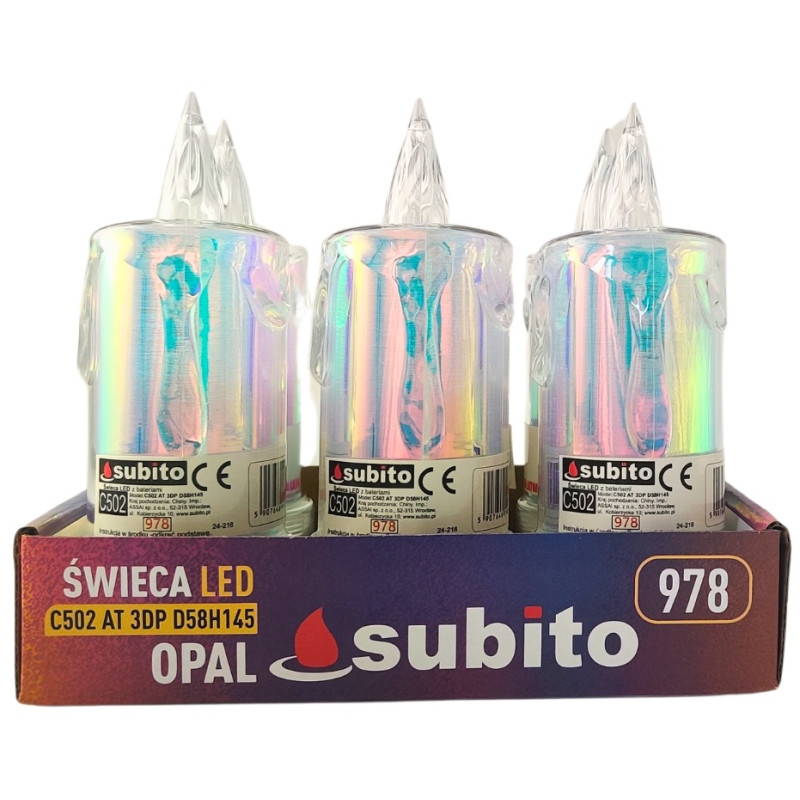 Świeca brokatowa LED SUBITO C502 H145 OPAL biała zimna (978) 6 sztuk