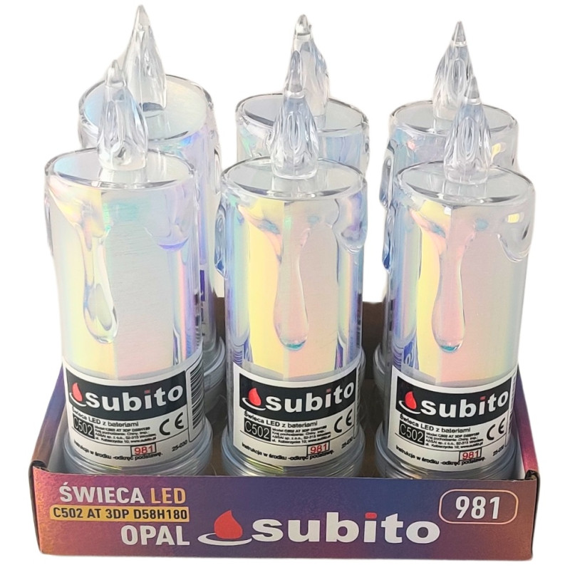 LED glitter candle SUBITO C502 H180 OPAL warm white (981) 6 pieces