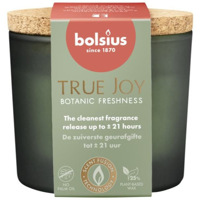 Scented candle in glass with cork BOLSIUS True Joy Botanic Freshness ~21h