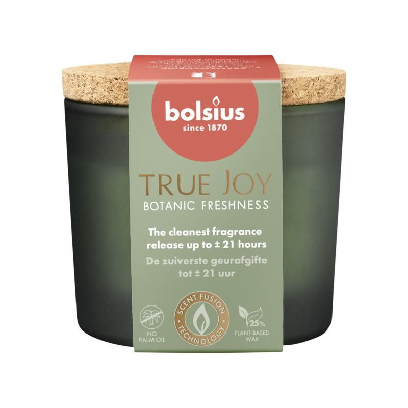 Świeca zapachowa w szkle z korkiem BOLSIUS True Joy Botanic Freshness ~21h