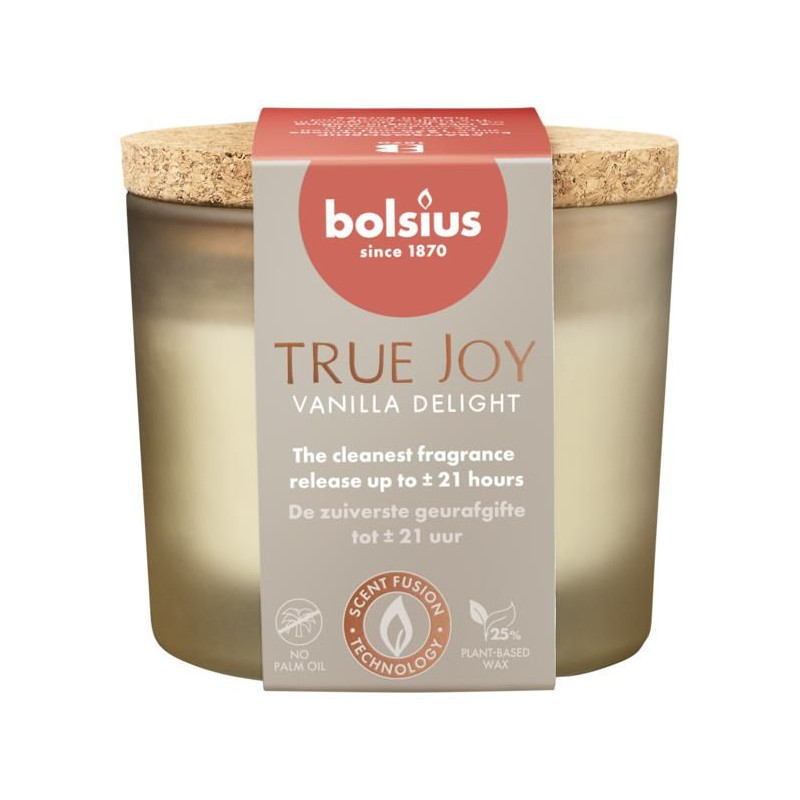 Świeca zapachowa w szkle z korkiem BOLSIUS True Joy Vanilla Delight ~21h