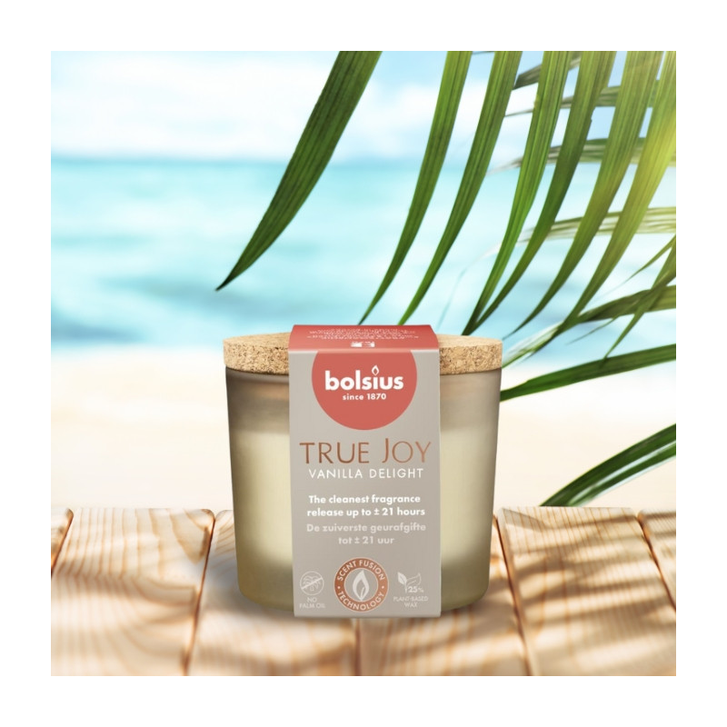 Scented candle in glass with cork BOLSIUS True Joy Vanilla Delight ~21h