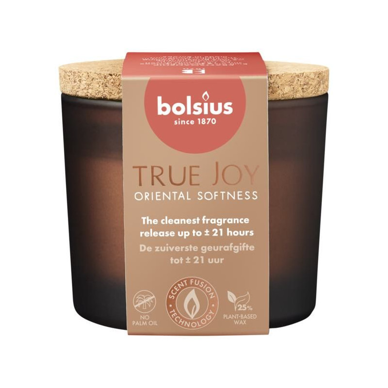 Świeca zapachowa w szkle z korkiem BOLSIUS True Joy Oriental Softness ~21h