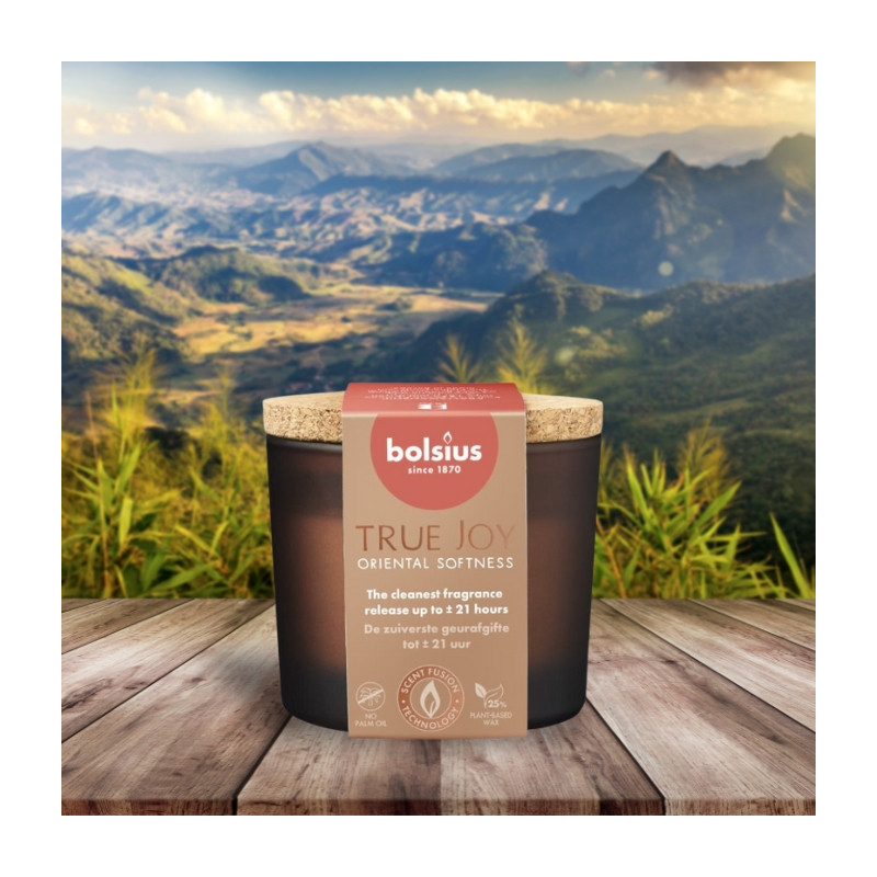 Vonná sviečka v skle s korkom BOLSIUS True Joy Oriental Softness ~21h