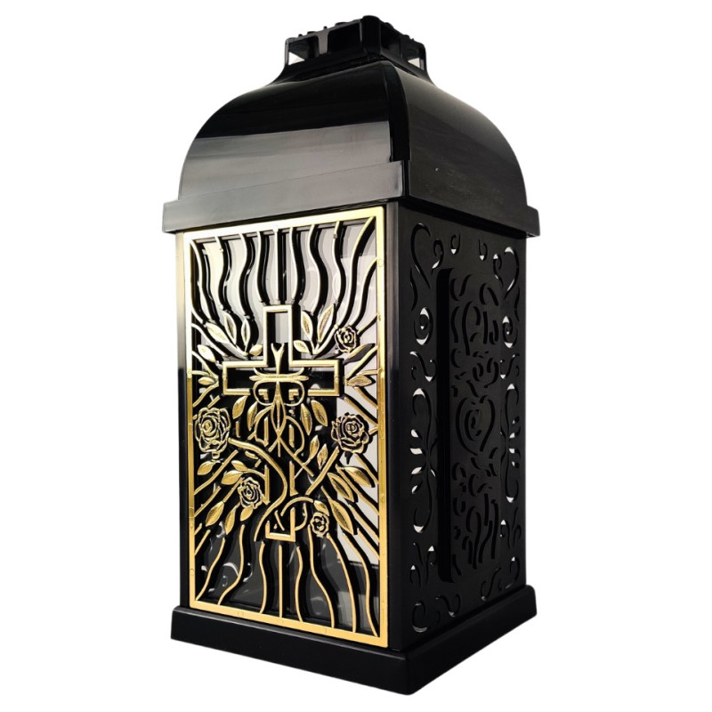 FERMO kaplnková sviečka malá prelamovaná ruža-kríž čierna/zlatá 29 cm