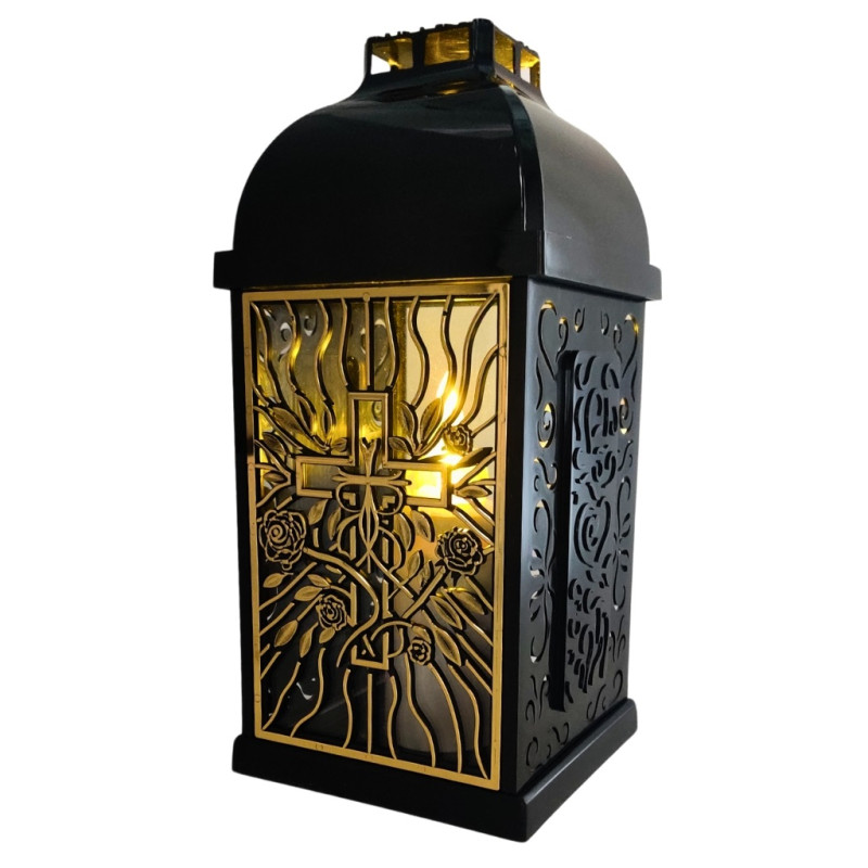 FERMO kaplovací svíčka malá prolamovaná růže-kříž černá/zlatá 29cm