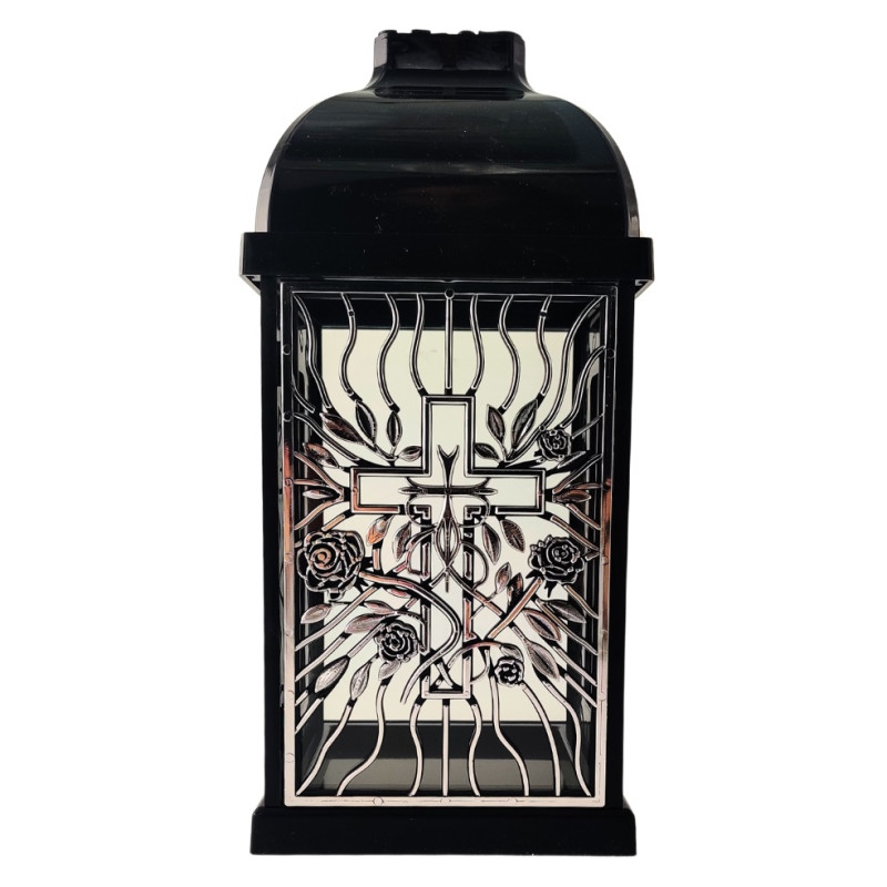 FERMO kaplní svíčka malá prolamovaná růže-kříž černá/stříbrná 29cm