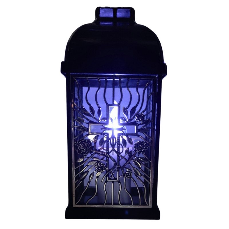 Znicz kapliczka FERMO mały ażur róża-krzyż czarny/srebro 29cm