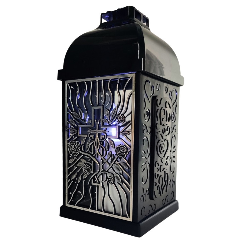 FERMO kaplní svíčka malá prolamovaná růže-kříž černá/stříbrná 29cm