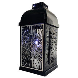 Znicz kapliczka FERMO mały ażur róża-krzyż czarny/srebro 29cm