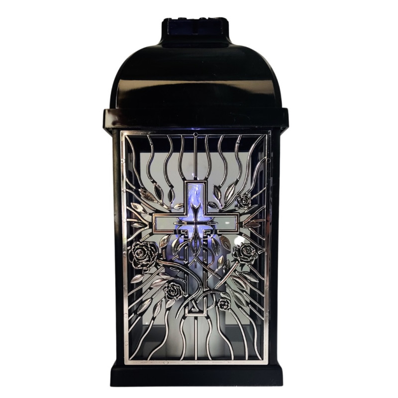 Znicz kapliczka FERMO mały ażur róża-krzyż czarny/srebro 29cm