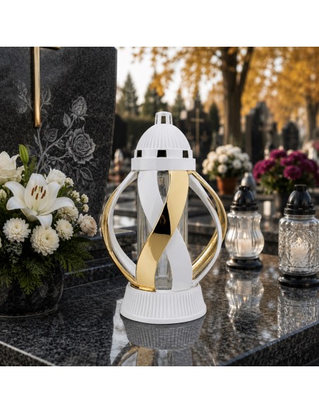 Candle chapel ribbon white gold metallic 28.5 cm