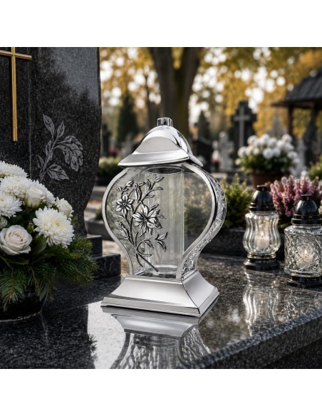 Znicz kapliczka lampion Serce Lilia duży srebrny 33 cm