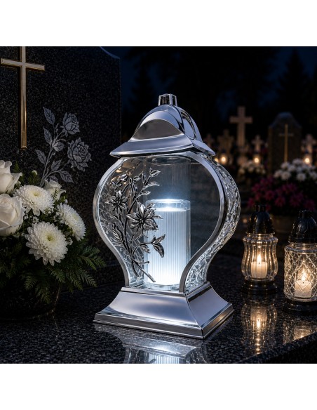 Znicz kapliczka lampion Serce Lilia duży srebrny 33 cm