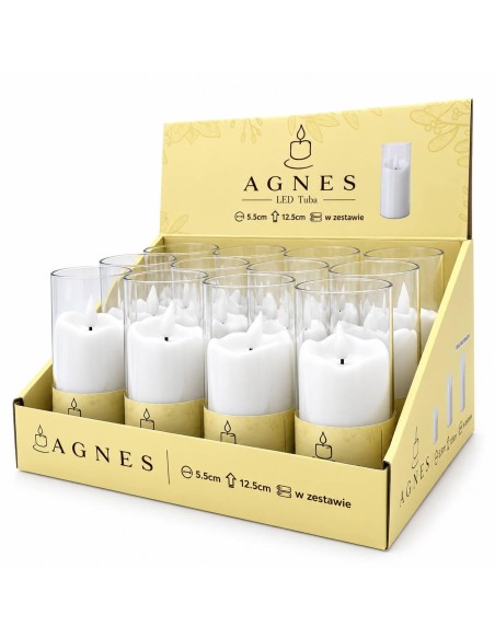 Sviečky Agnes LED, biela trubica, teplý plameň, 12,5 cm, 12 kusov