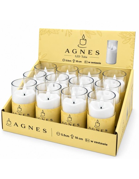 Agnes LED candles, white tube, warm flame, 10 cm, 12 pieces